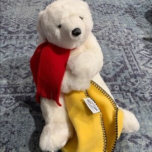 1997 vintage plush polar bear sits 12” high,great condition w scarf & blanket